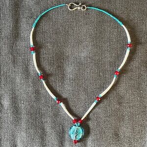 Elegant Turquoise and Red Beaded Necklace